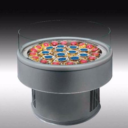 Холодильная витрина Arneg VIP в аренду круглая, температурный режим +2 +10 градусов, открытая выкладка, рекламная